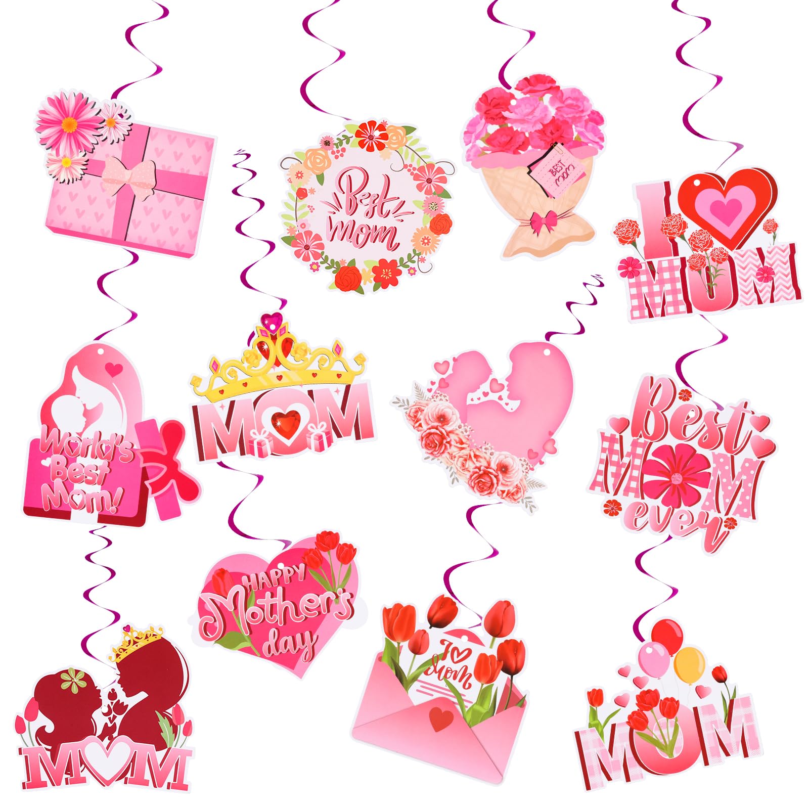 24pcs Mother's Day Hanging Swirls & Cards, Double-Sided Happy Mother's Day Ceiling Streamers Best Mom Ever Sign Birthday Decoration Party Supplies