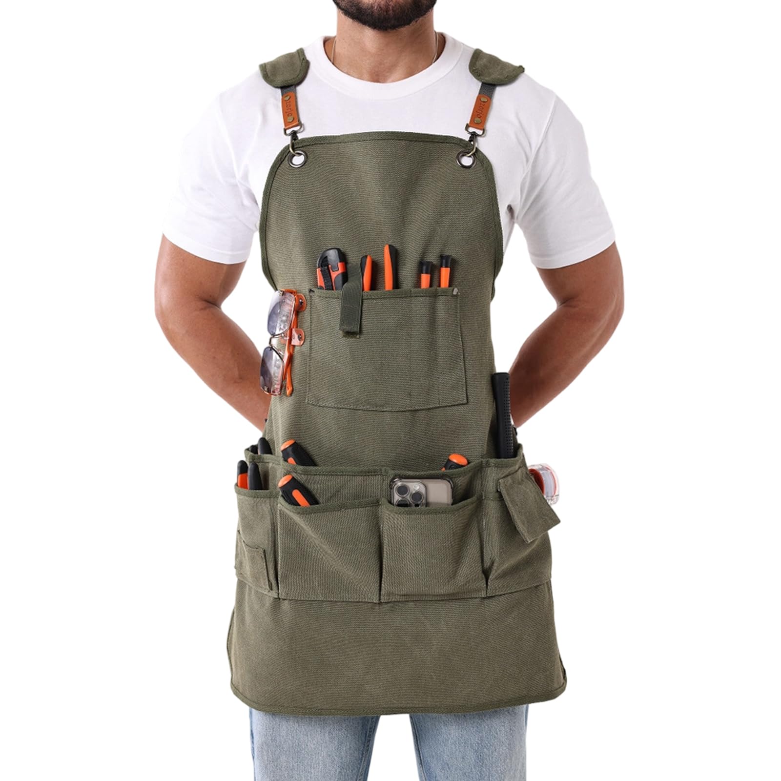 Grembiule da lavoro in tela progettato per durare con spalline imbottite e numerose tasche per saldamente tutti strumenti nel grembiule da officina falegnameria