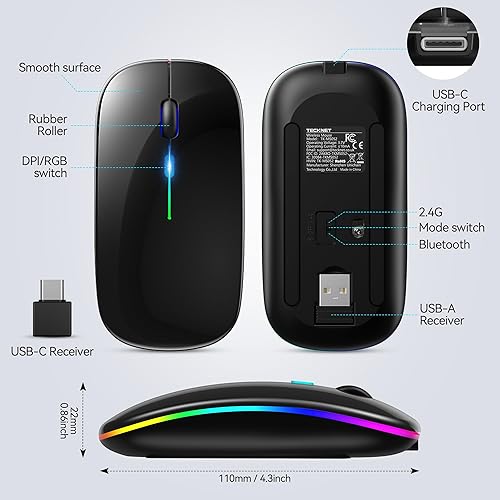 Miniatura 8 de TECKNET Ratón Bluetooth inalámbrico LED y conexión instantánea de 2.4 GHz, recargable ultra silencioso delgado 052