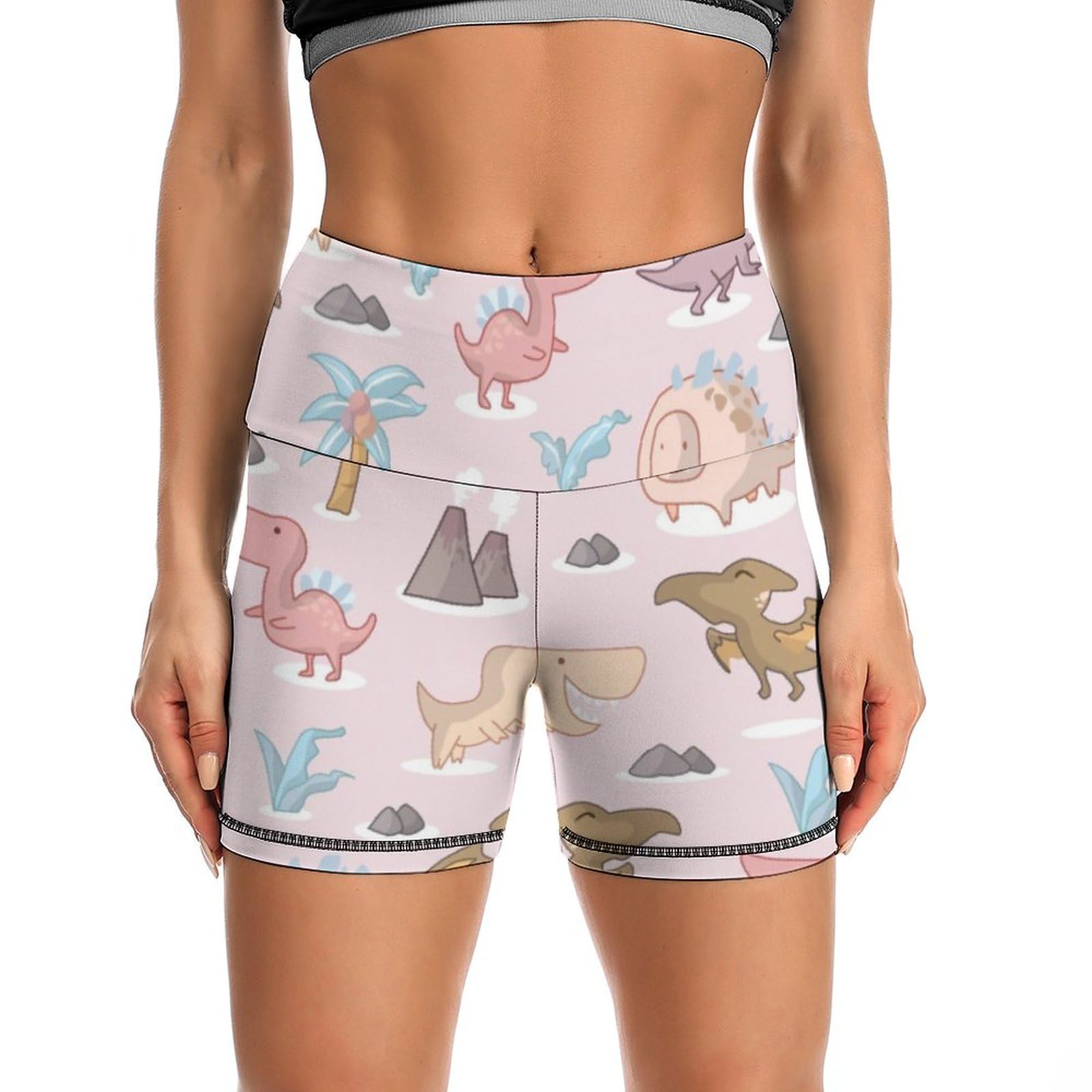 JYYAU Cute Dinosaur and Leaves Pattern High Waist Yoga Shorts for Women Athletic Shorts Leggings Running Pants Black