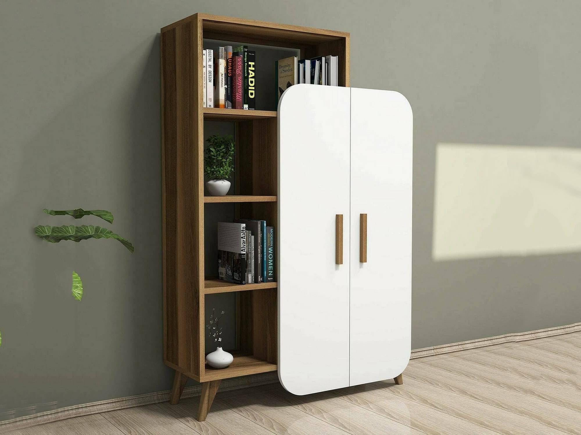 Dmora - Credenza Capella, Buffet da soggiorno, Madia da salotto, Dispensa da cucina, 90x32h132 cm, Noce e Bianco