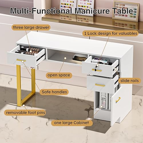 Miniatura 3 de Mesa de Manicura Escritorio de Uñas para Técnico de Uñas, Estación de Manicura para Salón/Hogar, con Cojín de Muñeca, Gabinete de Almacenamiento,