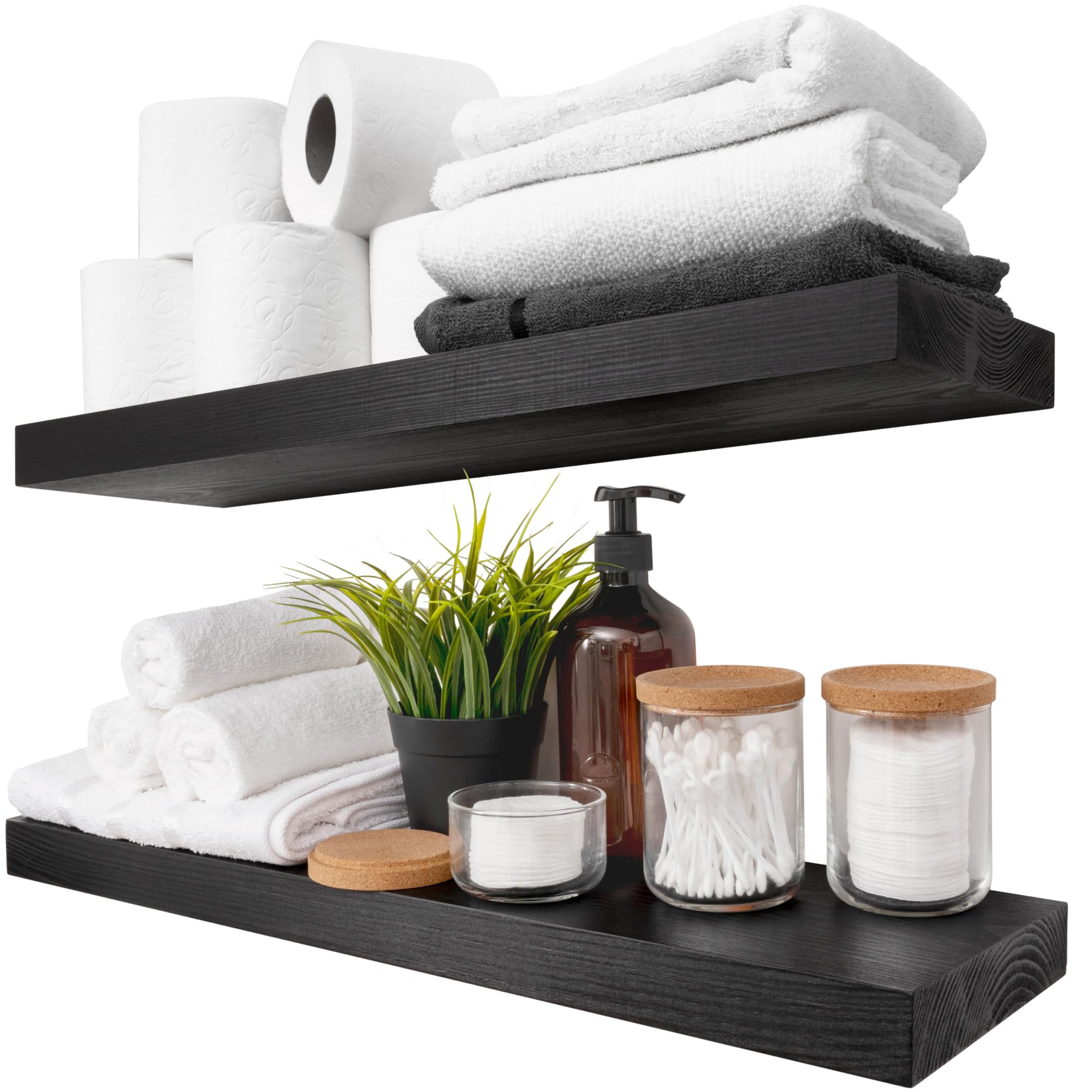BAOBAB WORKSHOP Wood Floating Shelves Set of 2 - Black Floating Shelves for Wall - Wall Shelves for Bedroom Dark Wood - Black Bathroom Shelves - Floating Shelf Living Room - 24D x 6.7W