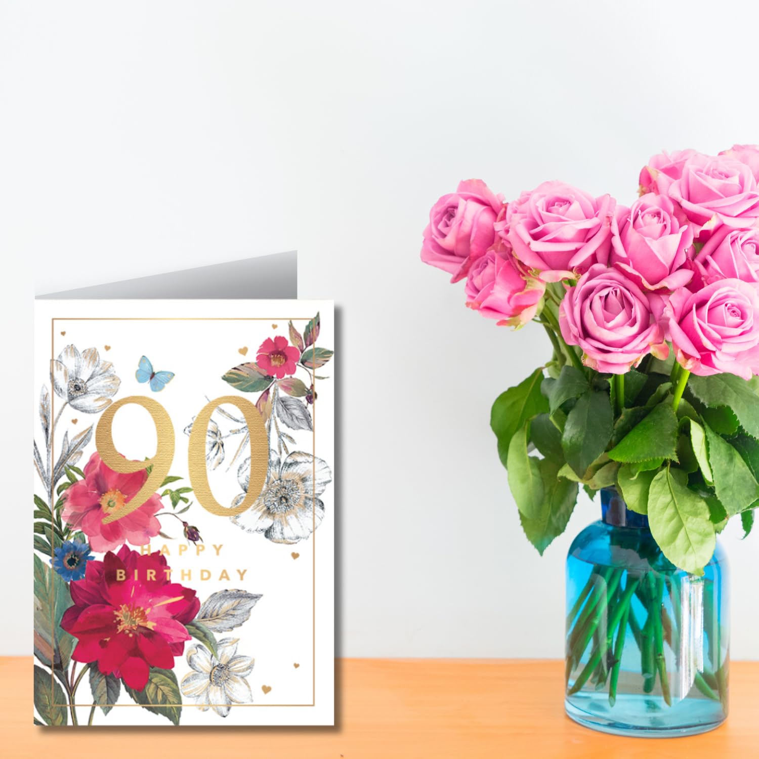 Words And Wishes Geburtstagskarte Zum 90. – Wunderschönes Blumendesign Mit Goldfolie Für Frauen