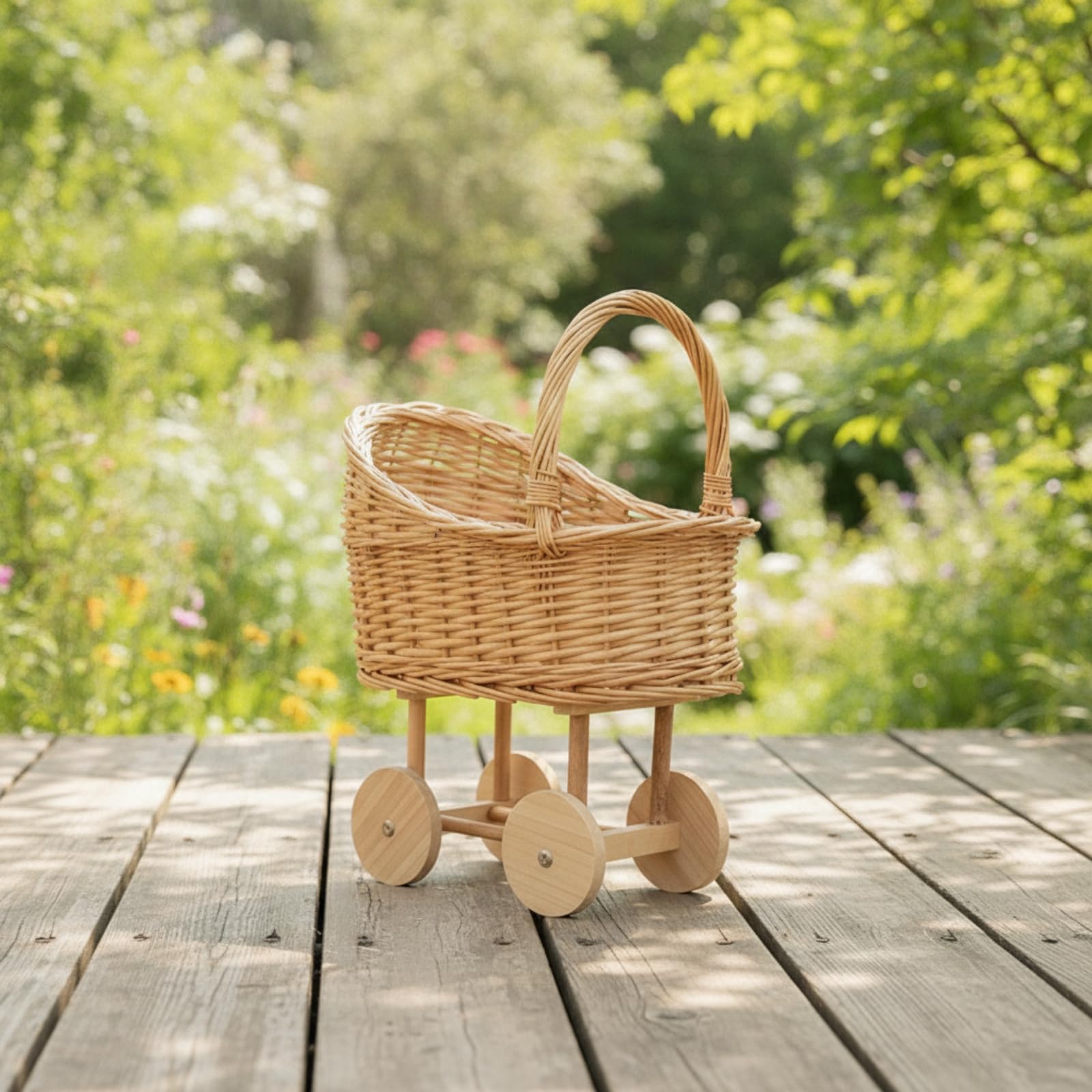 Panier Poussette Vintage en Osier Tressé Chariot Rotin Panier Bercelonnette Style Porte Bébés Poignée Haute Détails Apparents pour Vintage, Grand