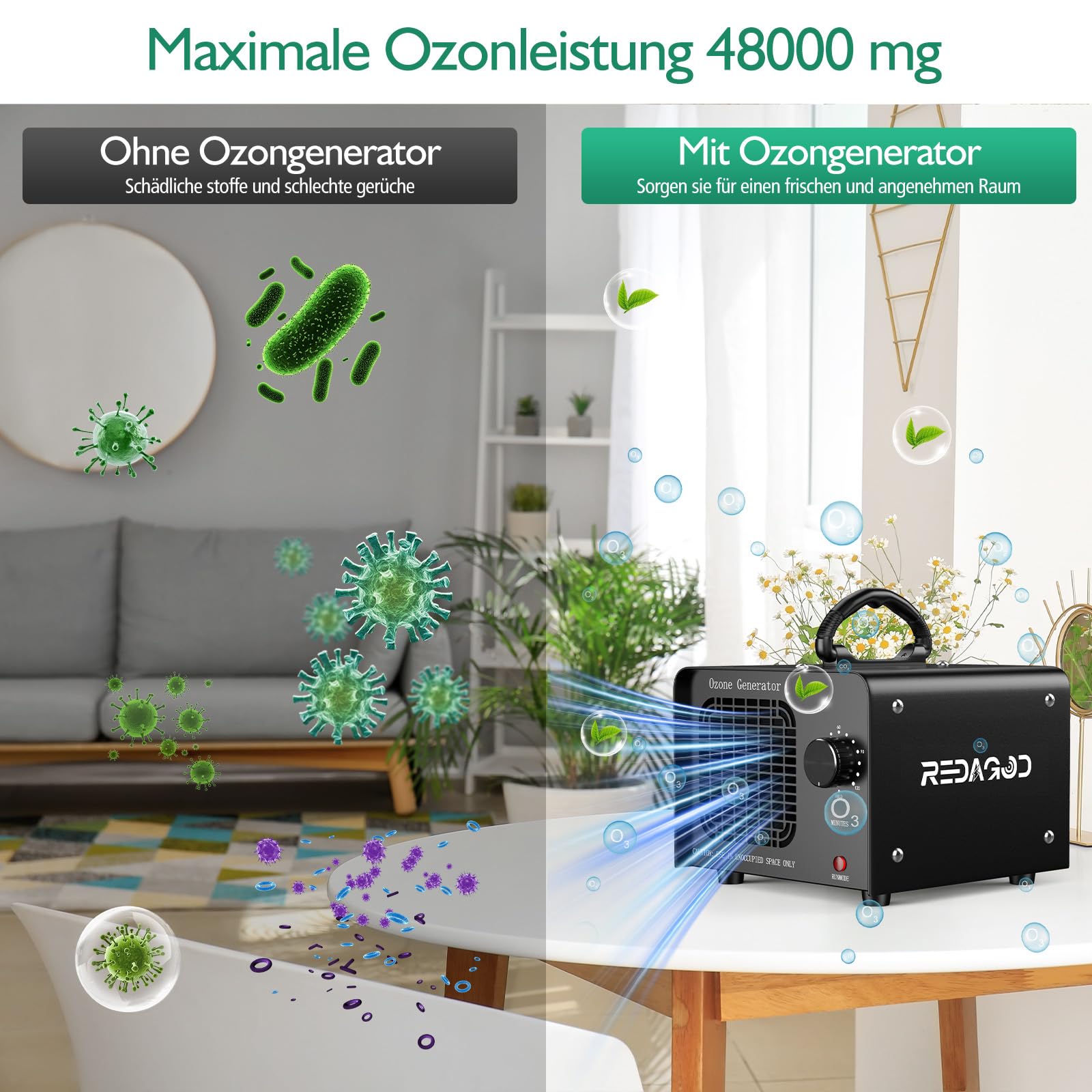 Ozongenerator 48000mg/h Ozongerät, Redagod Ozonisator Industrieller mit 120 Min Timer O3 Ozon Luftreiniger bis zu 300㎡ Geruchsneutralisierer für Auto Hotel Küchen Garage Wohnung Eisen