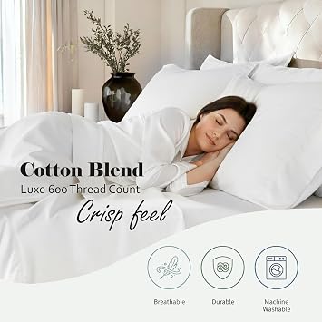 Superior Cotton Blend 600 TC Embroidered Hem Bed Sheets, Queen, White