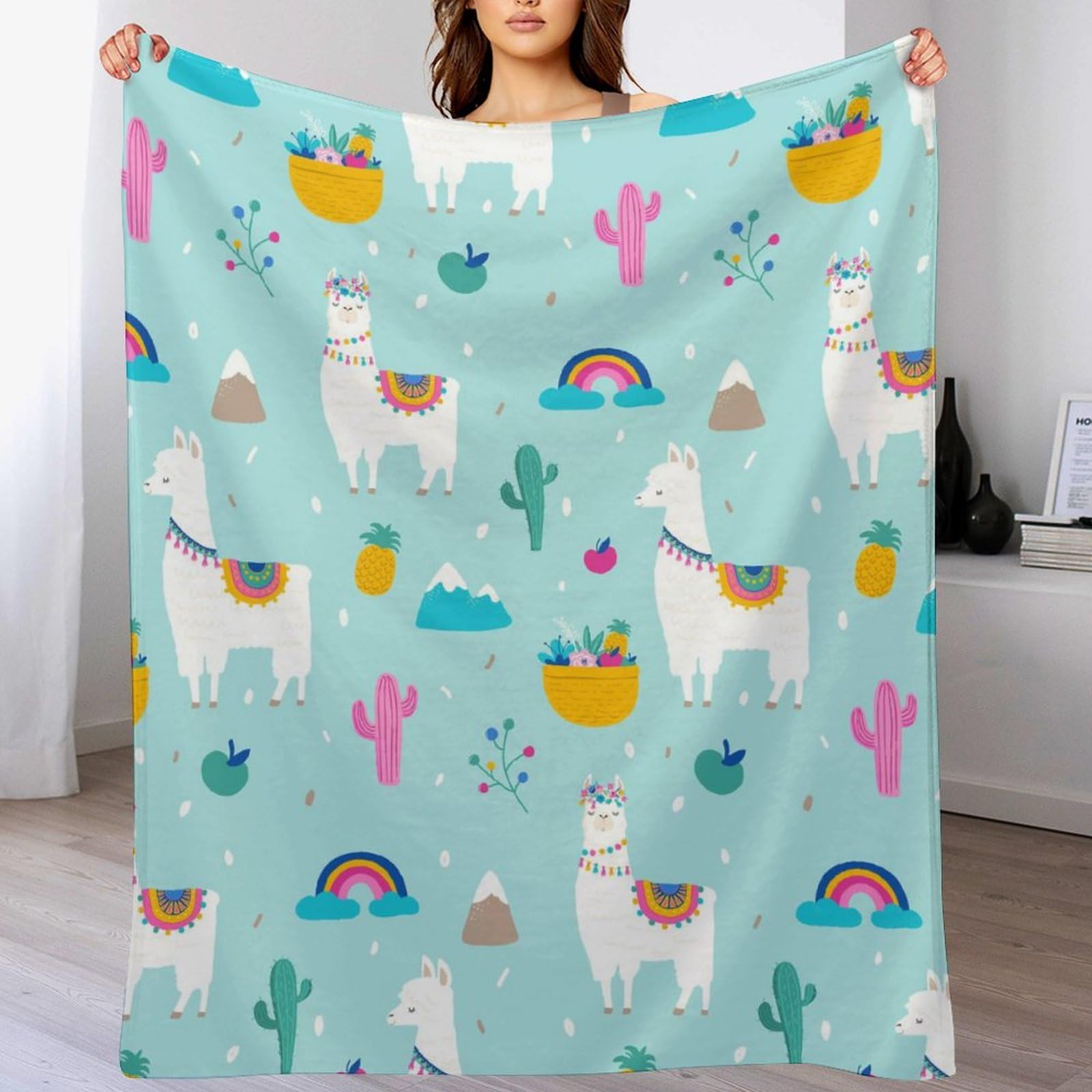 Melbrakin Color692 Cute Cactus Blue Sky Rainbow Llama Alpaca Soft Flannel Travel Blanket, Living Room Home Sofa Decoration Blanket, Dormitory Office Nap Blanket