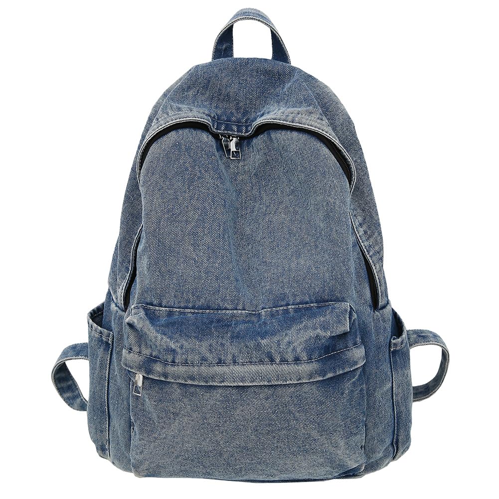 AVZYARDY Backpack for Women Men Multi-pocket School Bag Denim Zipper Retro Rucksack Solid Daypack Travel Gym Bag (Retro blue)