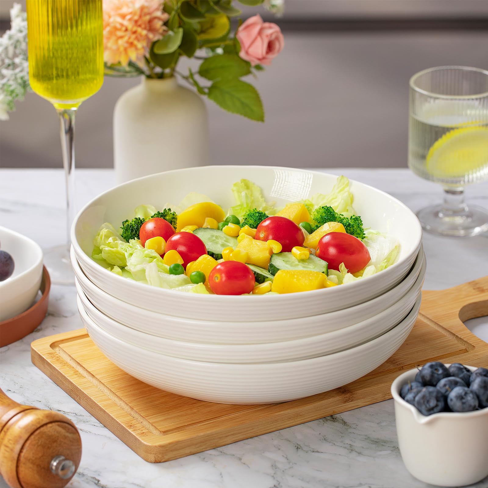 Pastateller Groß 4er Set,Tief Suppenteller Set Ø 22 cm,Salatteller, Servierteller,Nudelschalen, Ramenschalen, große Salatschalen,Mehrzweckschalen für Nudel, Pasta, Salat,Obst