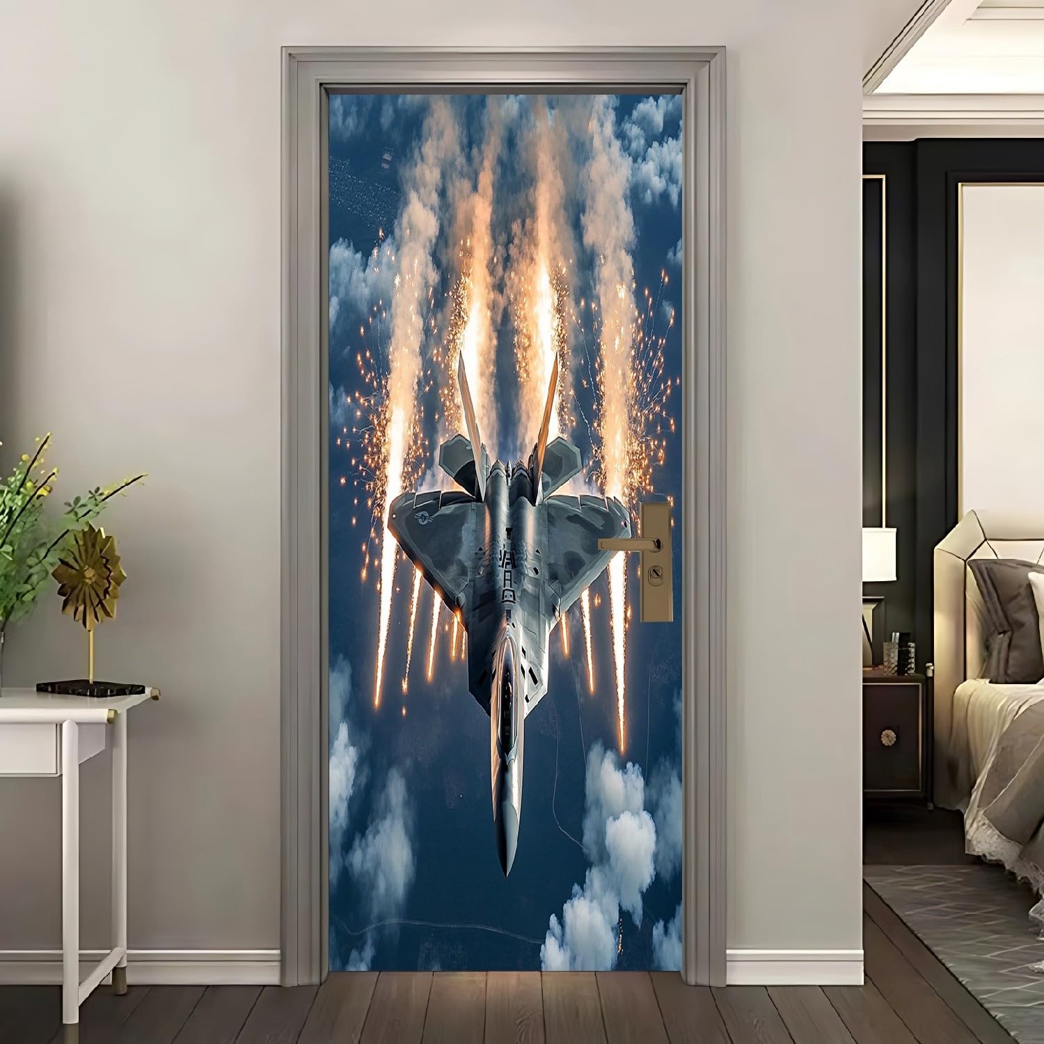 Sticker de porte 90x200 cm avion de combat moderne décoratif 3D