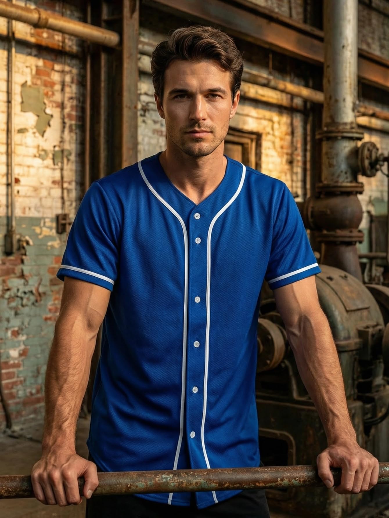 Solid Blue Baseball Jersey - Men's Athletic Mesh Sports Uniform - Practice Button Up Shirt for Softball Team