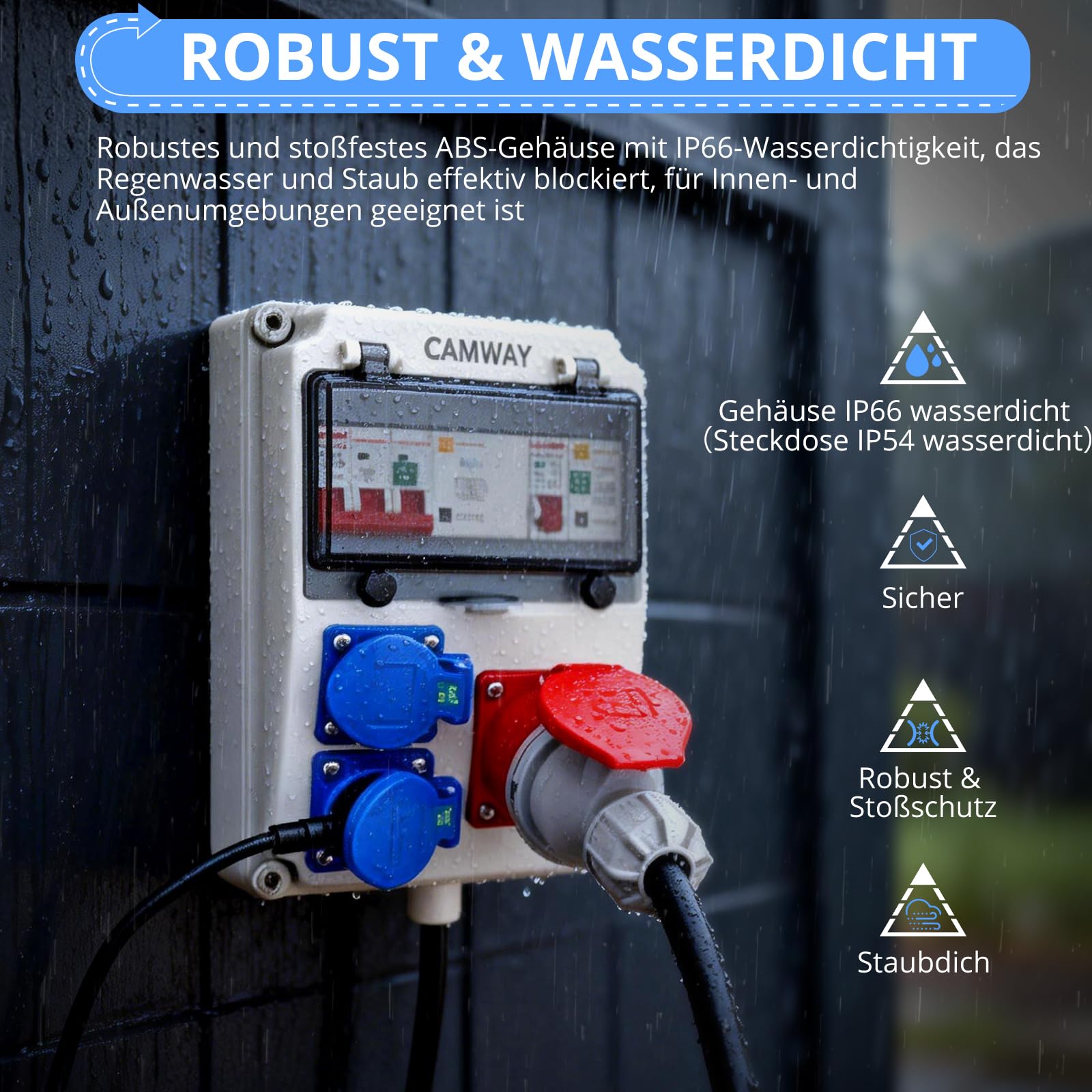 CAMWAY Baustromverteiler, Stromverteiler mit LS+FI, 2x 230V Schuko, 1x 16A CEE Steckdosen Professionelle Verdrahtung, IP66 Wasserdicht,Robuste ABS Wandverteiler für Innen & Außen Industrie Garten Haus