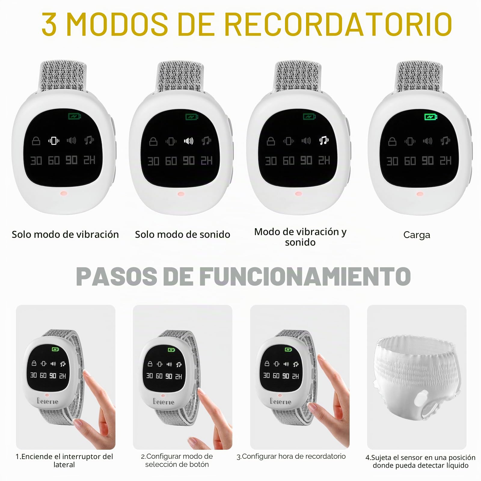 Alarma Inalámbrica de Enuresis, Alarma de Enuresis en la Cama con 3 Modos de Recordatorio, USB Recargable, Alta Sensibilidad, Sensor de Humedad para Niños Mayores y Pacientes Postrados en Cama