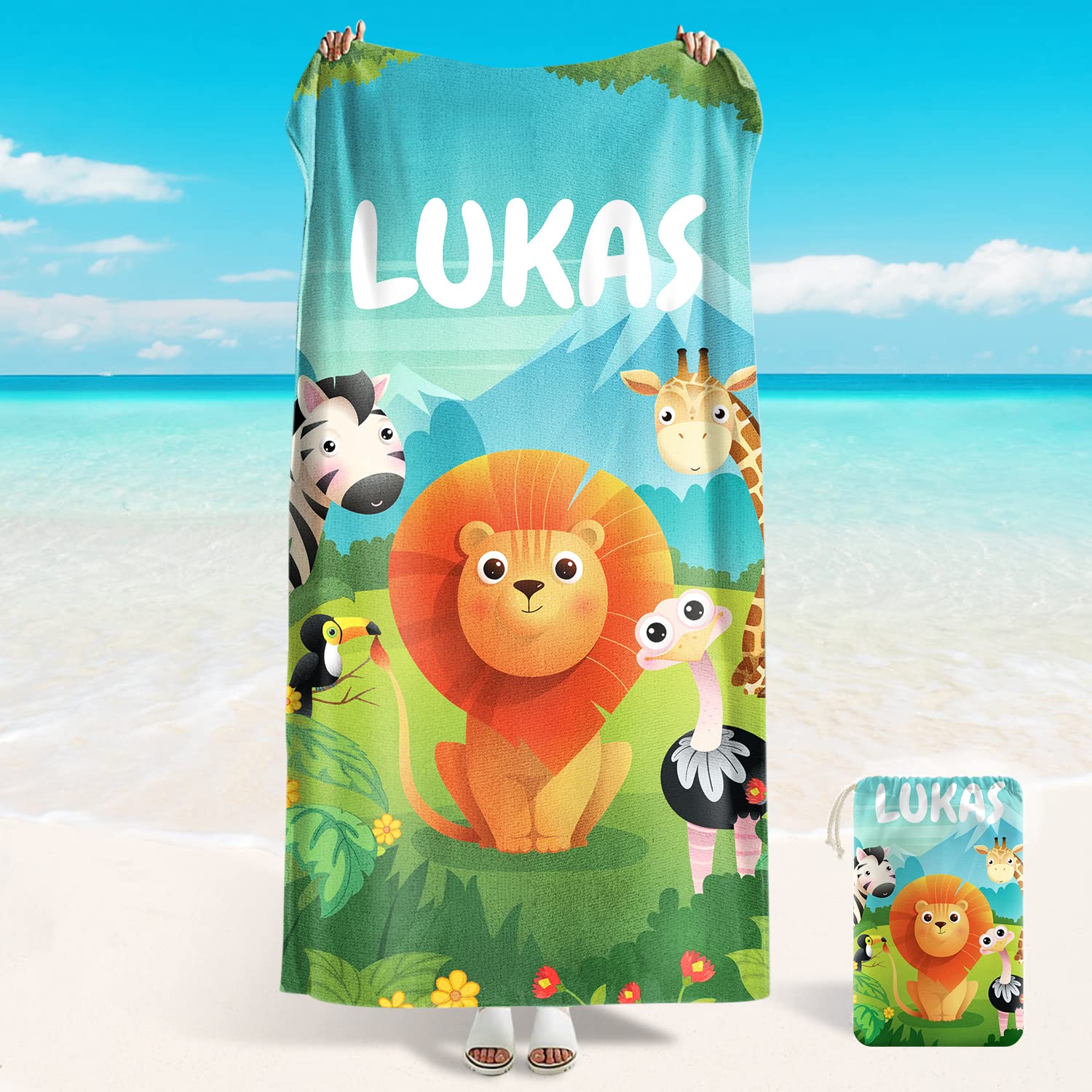 Zookao Personalized Beach Towels for Kids, Personalized Gifts Custom Gifts with Name, 30'' x 60'' Microfiber Absorbent Oversized Quick Dry Personalized Beach Towels with Travel Bag