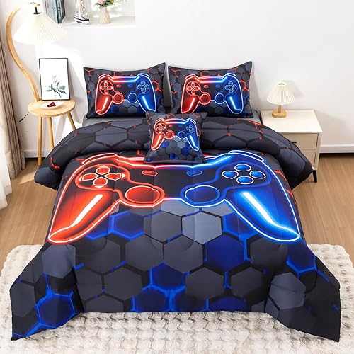 6Pcs Gamer Comforter Set with Sheets for Boys Girls Kids Teens, Colorful Gaming Themed Bed in A Bag Queen Size, Black 3D Video Game Controller Bedroom Decor Bedding Set
