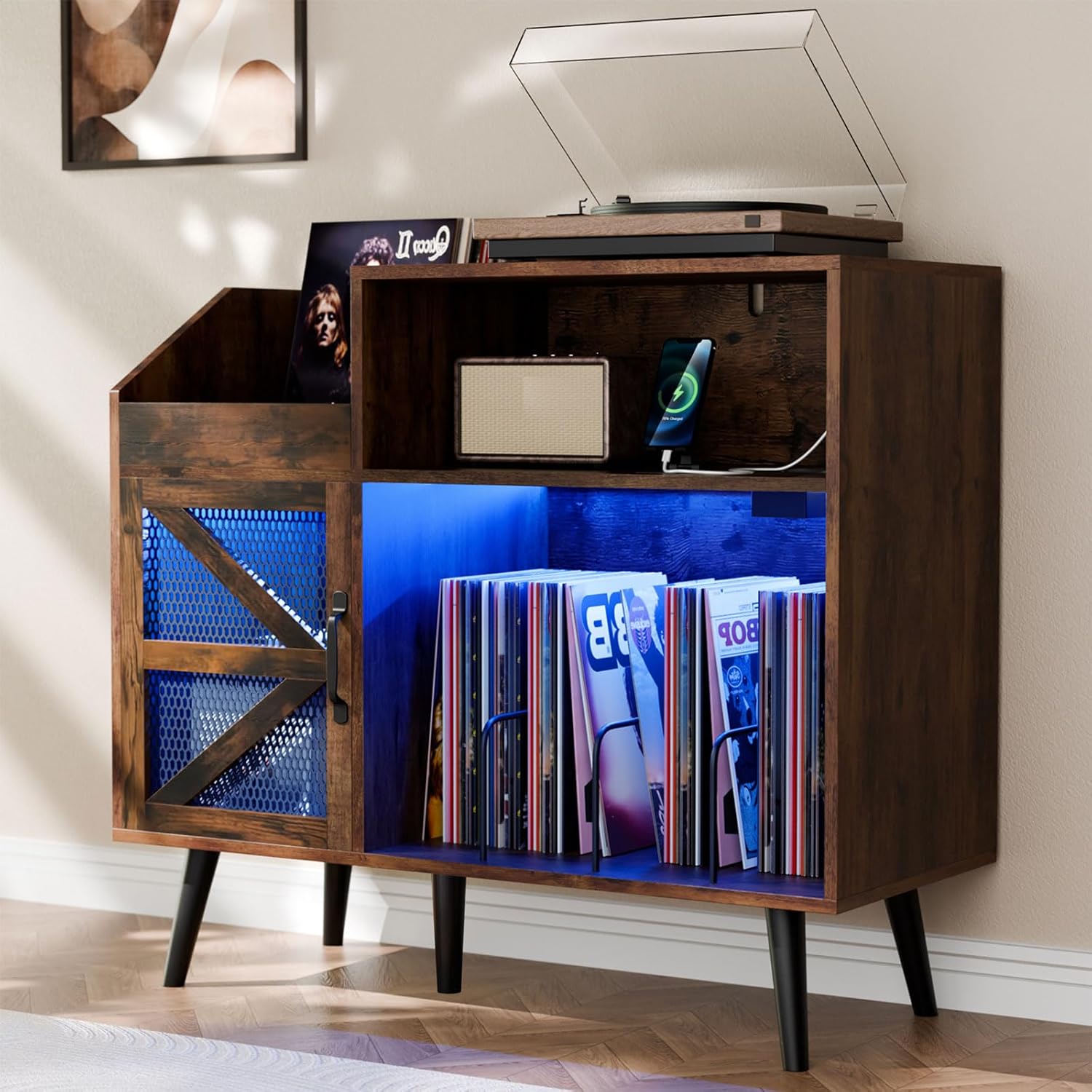 Loomie Soporte rústico grande para tocadiscos con toma de corriente y luz LED, armario de almacenamiento de discos de vinilo 350 con puerta