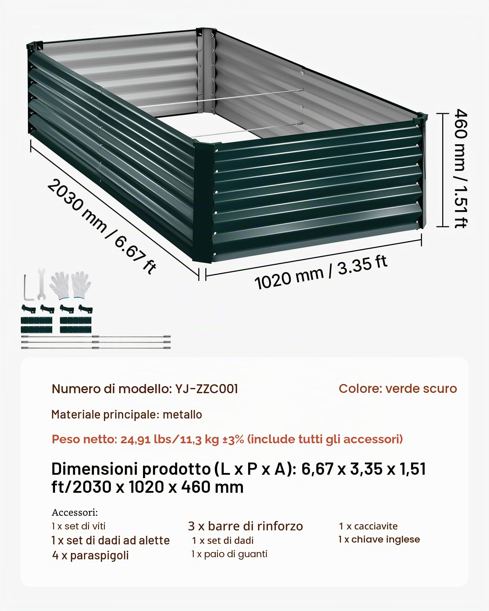 VEVOR Fioriera Rialzata in Metallo Zincata 2030x1020x460 mm, Aiuola Rialzata per Giardinaggio Rettangolare da Esterno Fioriera Rialzata Coltivazione Fiori Verdure Piante Orto Balcone Giardino