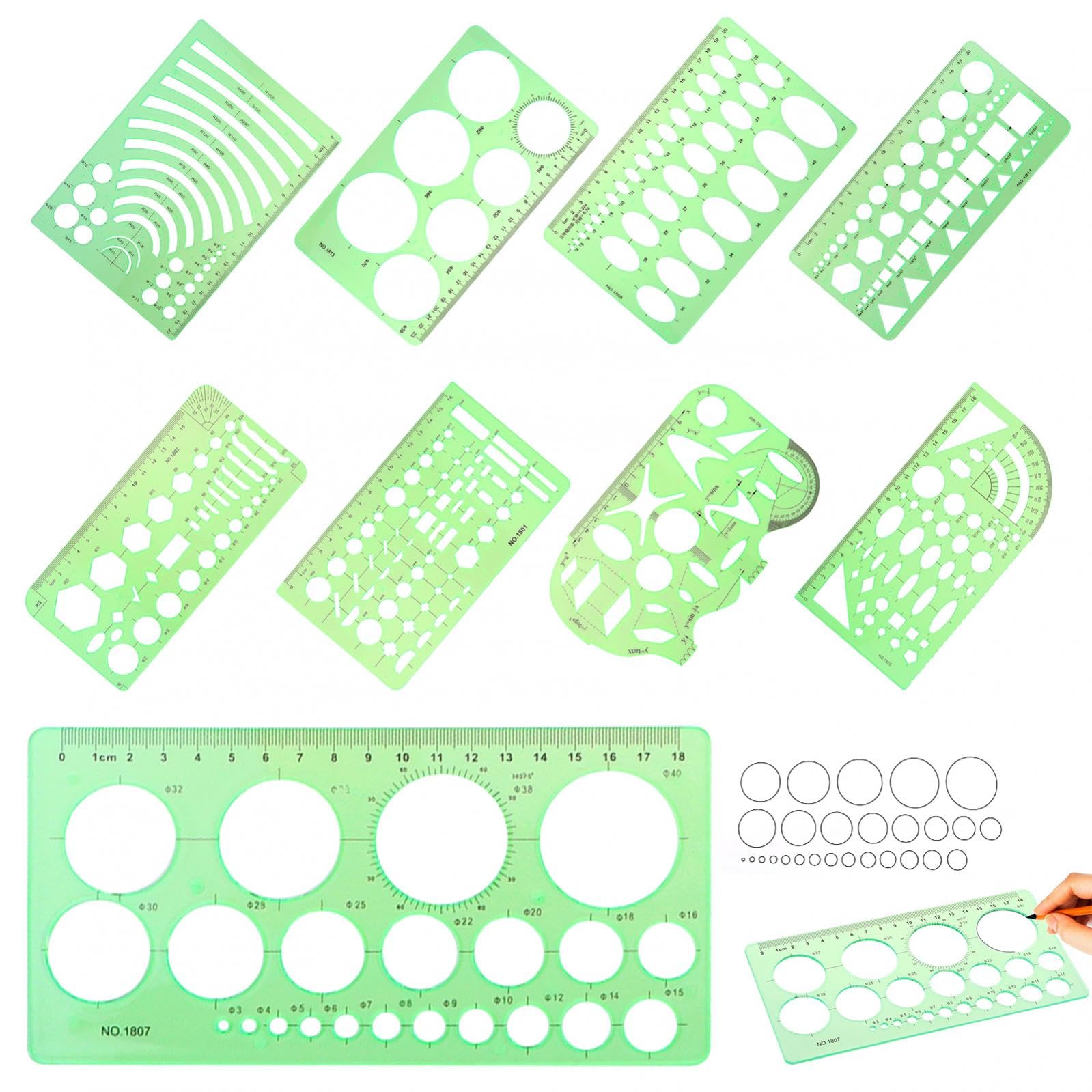 9-częściowy szablon do rysowania geometrycznego, linijka pomiarowa, geometryczne narzędzia pomiarowe, przezroczysta, zielona, plastikowa linijka do nauki, projektowania i budowania