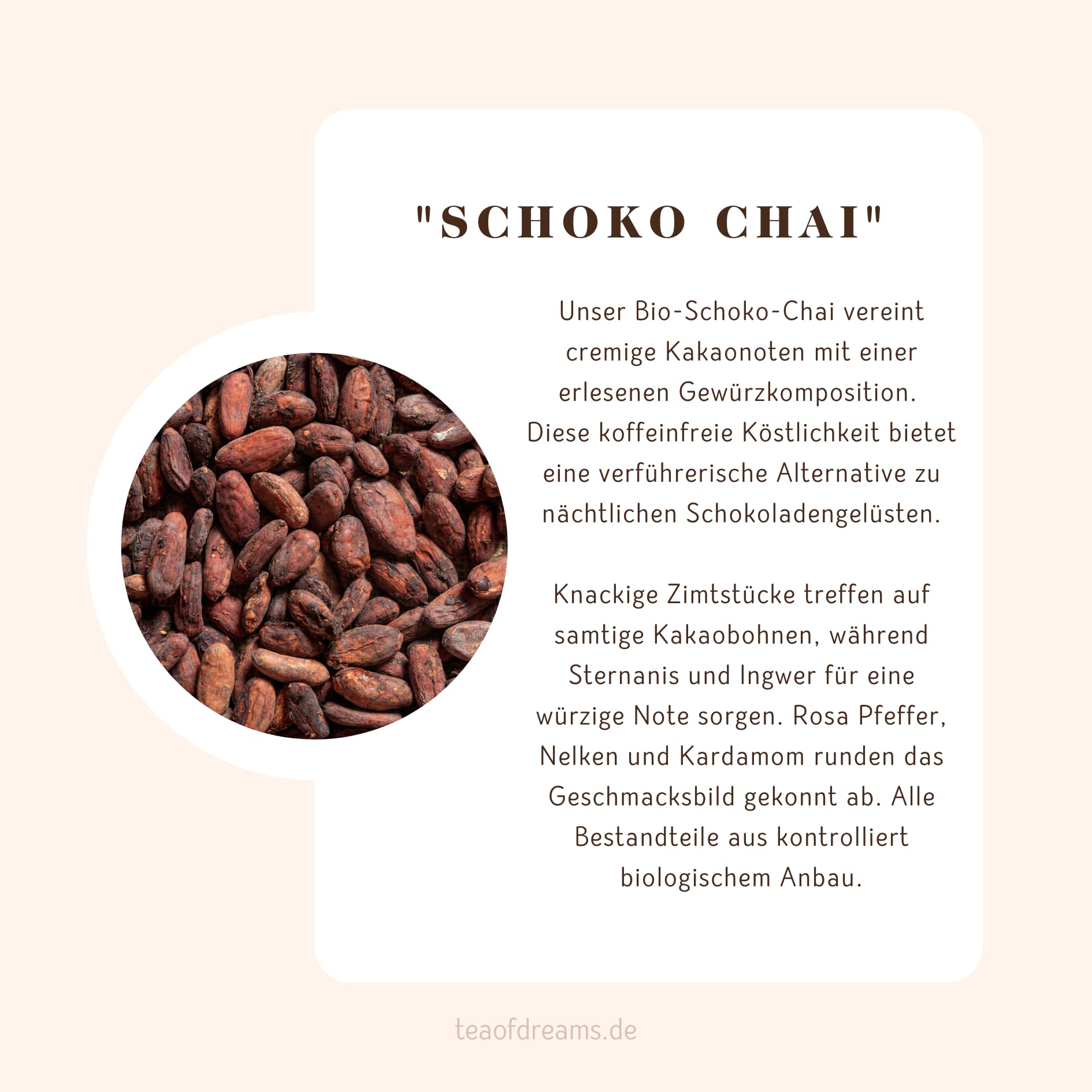 Té orgánico de chocolate chai – Té de hierbas y especias con canela, granos de cacao y jengibre – 200 g