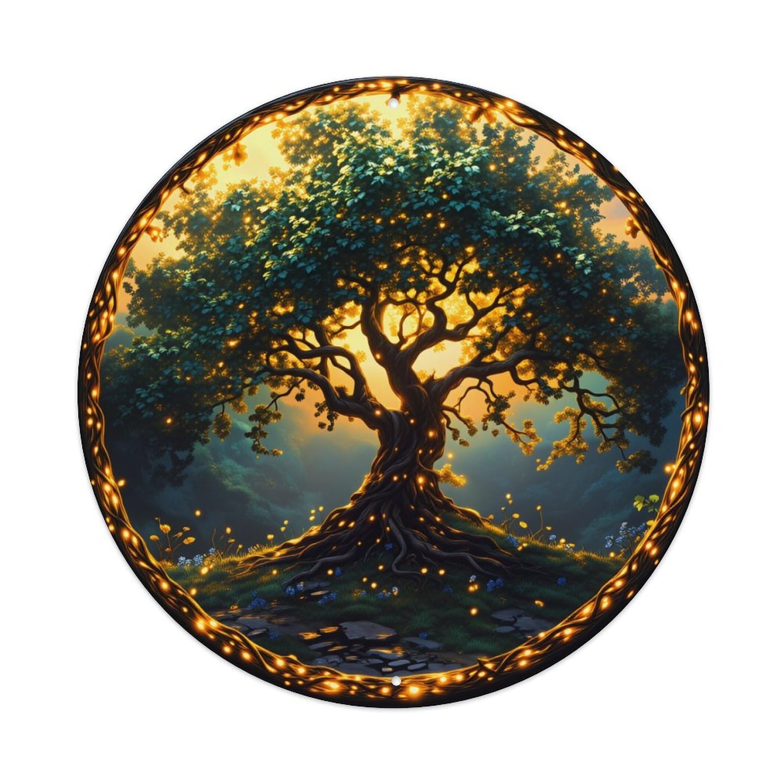 Wmlzdnwr Vintage Mystical Tree Glowing Lights Enchanted Forest Sunset Scene Round Tin Sign,Retro Wall Art,Metal Poster For Home, Bar, Garage, Cafe, Rustic Indoor & Outdoor Decor, 8X8 Inches