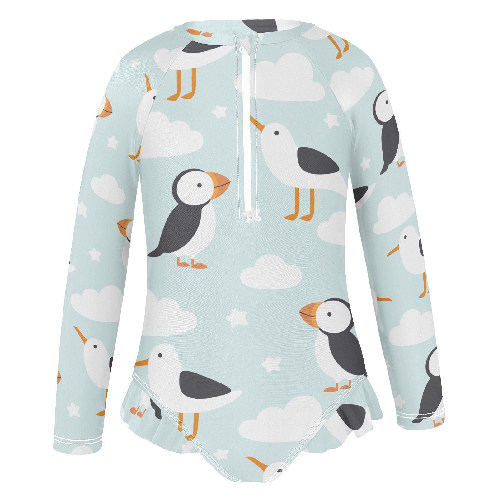 Ollabaky Baby Girls Long Sleeve Swimsuit Seagulls and Puffin on Blue One Piece Bathing Suit Rash Guard UPF50+ Toddler Girl Swimwear, 5-6T