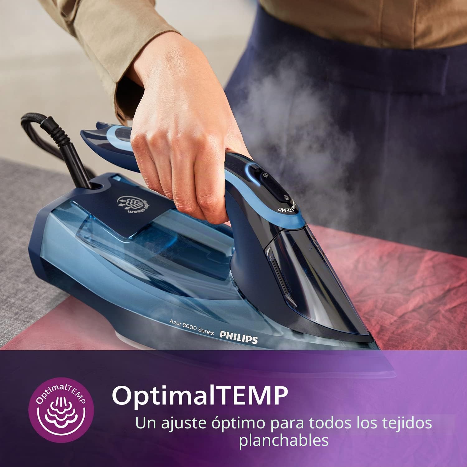 Philips Azur 8000 Series Plancha de vapor continuo 45 g/min Aumento de vapor 210g, 2400 W, OptimalTEMP Technology, SteamGlide Elite, azul claro (DST8020/21)