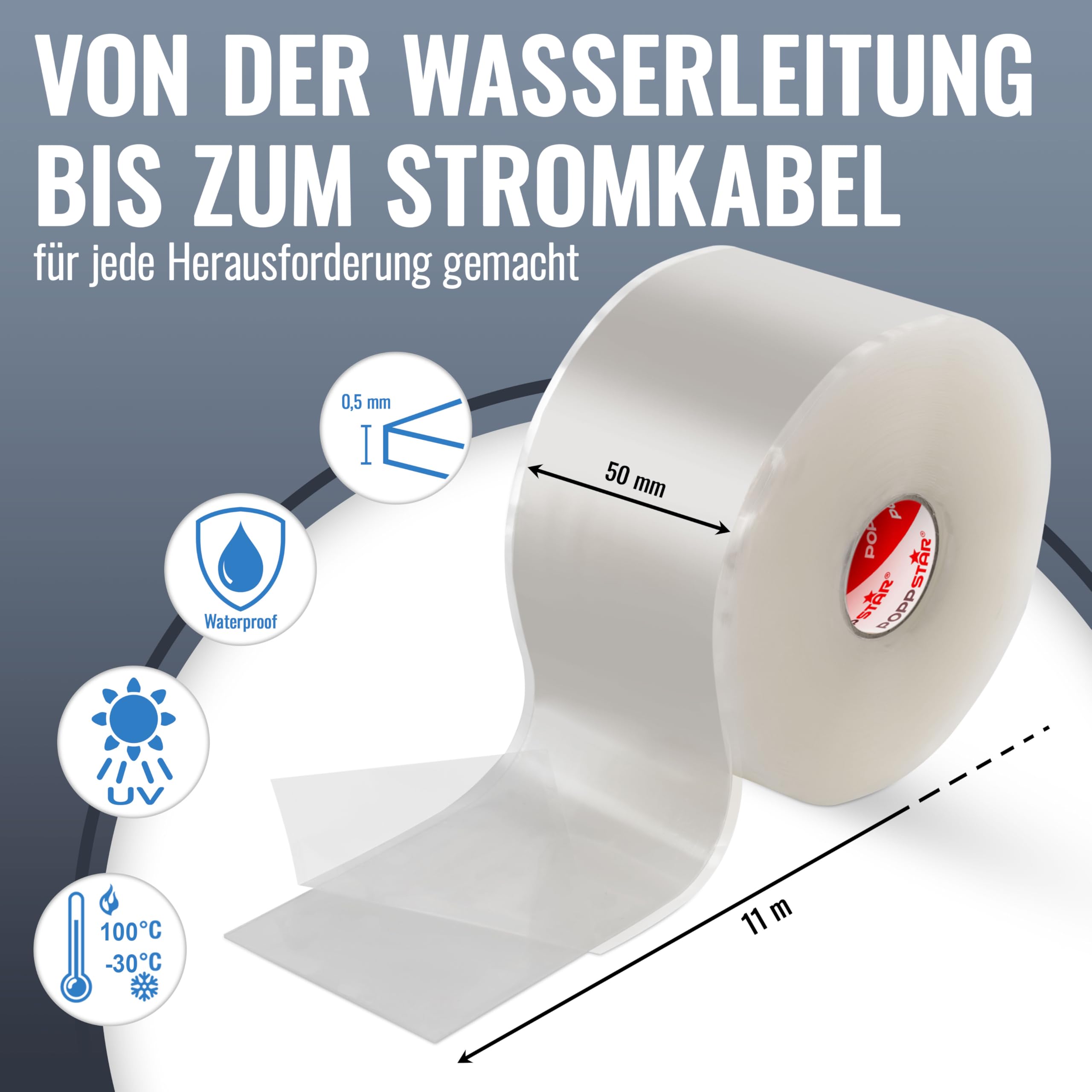 POPPSTAR selbstverschweißendes Silikonband, 11m x 50mm, Isolierband und Dichtungsband (Wasser, Luft), transparent, 1 Rolle