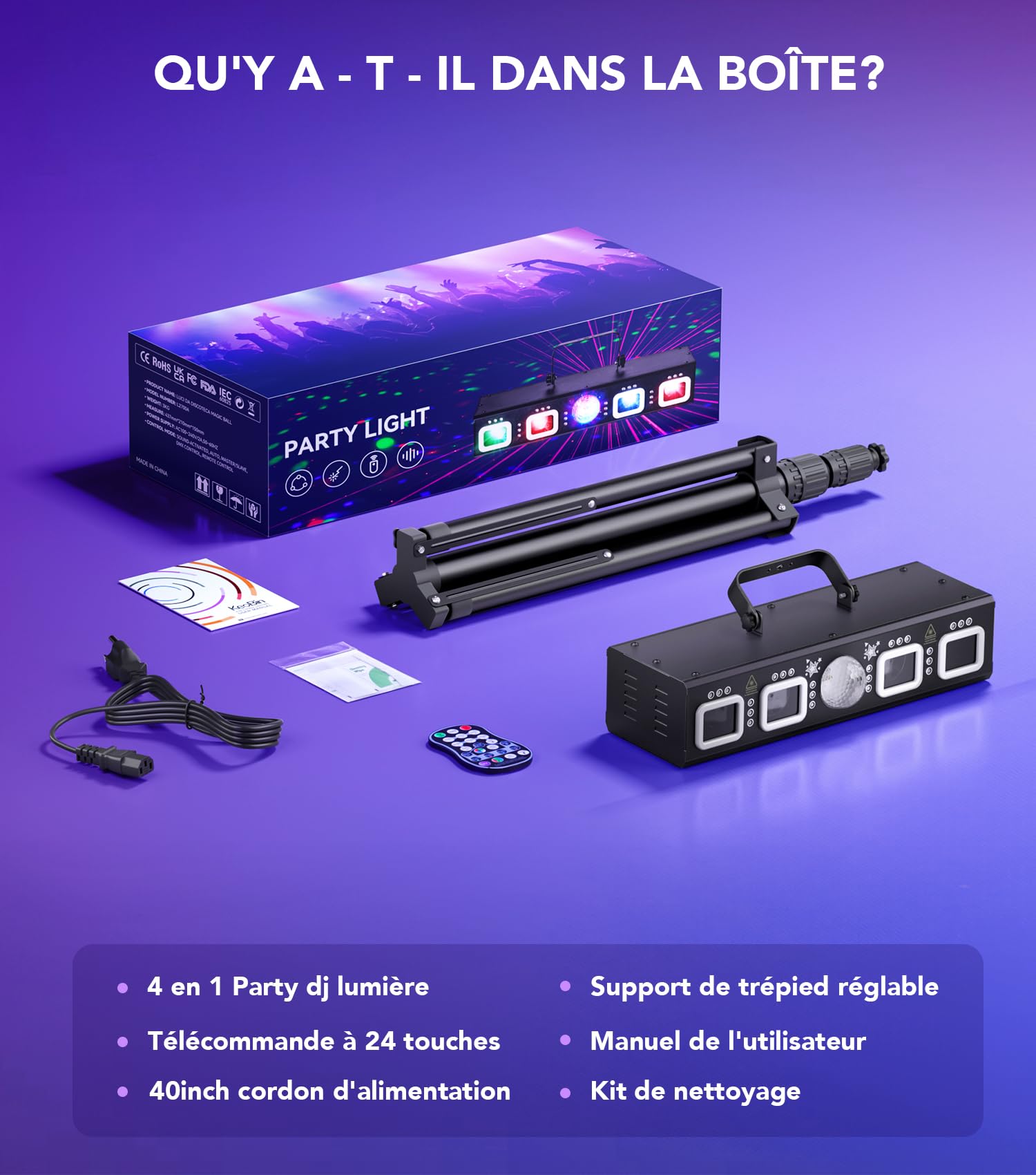 Keobin Jeux de Lumiere DJ, Lumière Disco avec Télécommande et Stroboscope, Kaléidoscope Effet Lampe de Scène RGB & UV, DMX 514 Boule Disco Musique Commande Vocale,Idéal pour Club,Soirée,Fête,Noël
