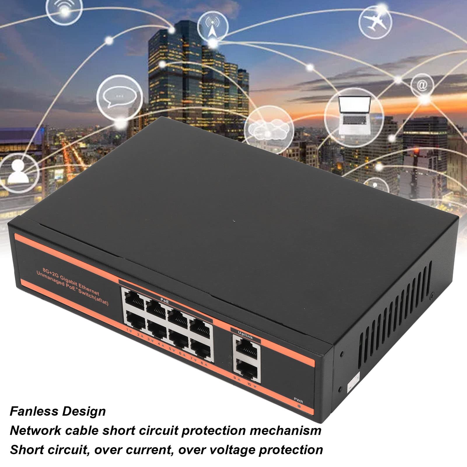 Commutateur Poe Gigabit 10 Ports, Prend en Charge la Détection Automatique des Appareils, 8 Ports Poe 1000M et 2 Ports de Liaison Montante 1000M, Distance de Transmission de 250M pour la Connexion