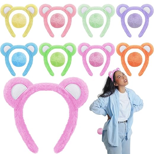 16 PCS Bear Ears Headband with Tail Set - Colorful Bear Adult Costume for Halloween Christmas Birthday Accessories