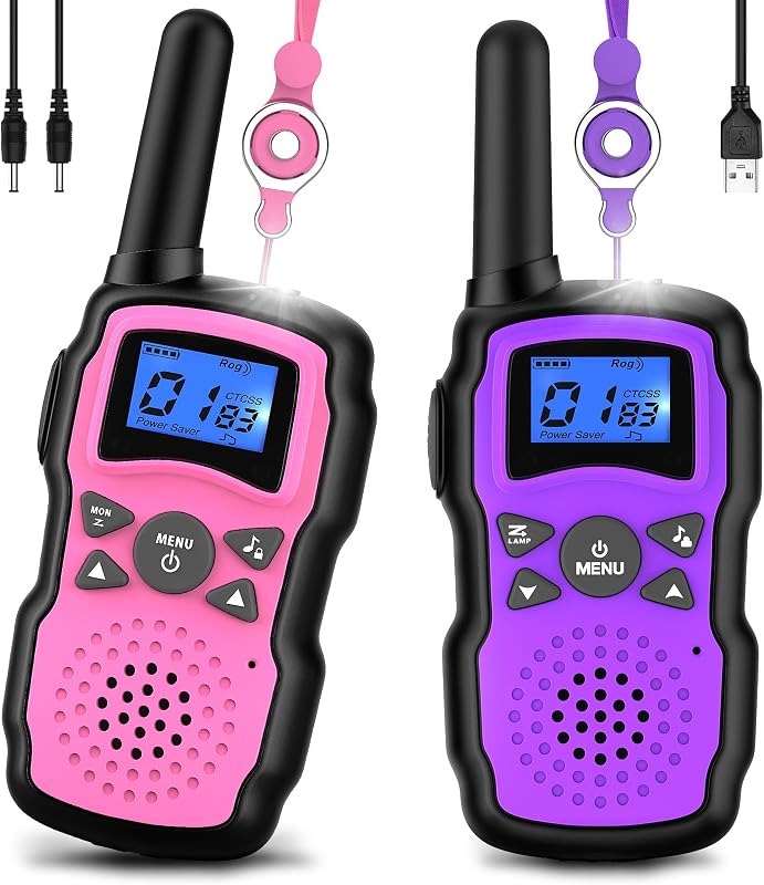 Walkie Talkies para niños recargables con batería USB de 6000 mAh, juegos de acampada al aire libre con cordón de linterna,juguetes para niñas, regalo de cumpleaños de Navidad de Halloween para niños, paquete de 2 rosa púrpura