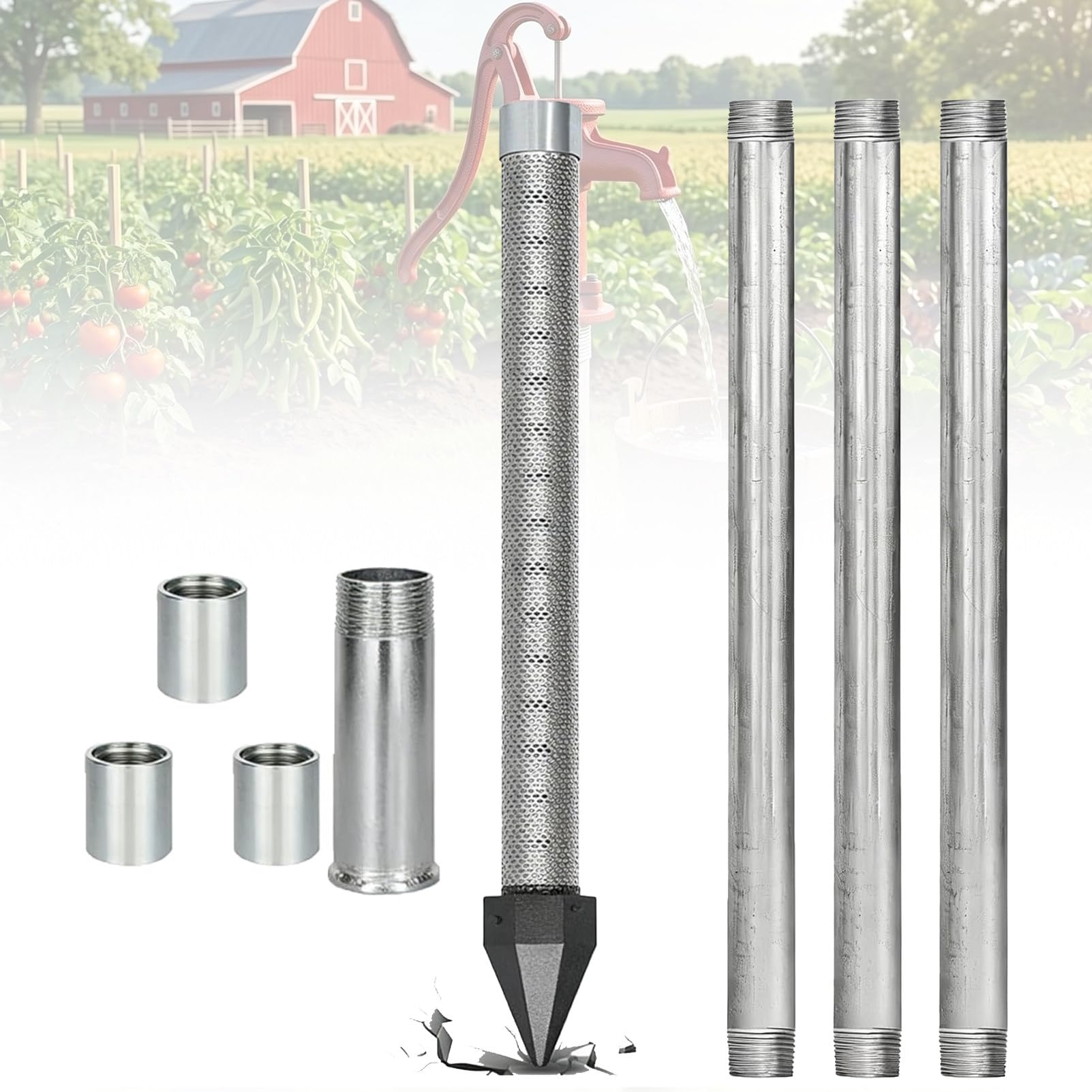 Ofyphth Water Well Drilling Kit, Heavy Duty Sand Point Well Kit, 1-1/4" Stainless Steel Drive Point Professional Shallow Well Drilling Tool, with 60 Gauge Mesh. 4M