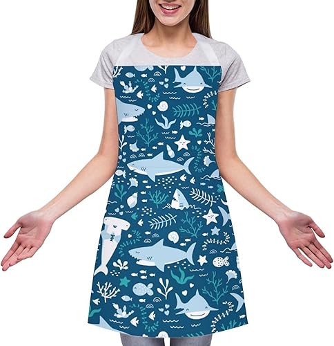 Miniatura 3 de Lindo delantal de cocina de tiburones para adultos ajustable babero suave delantal de chef con 2 bolsillos