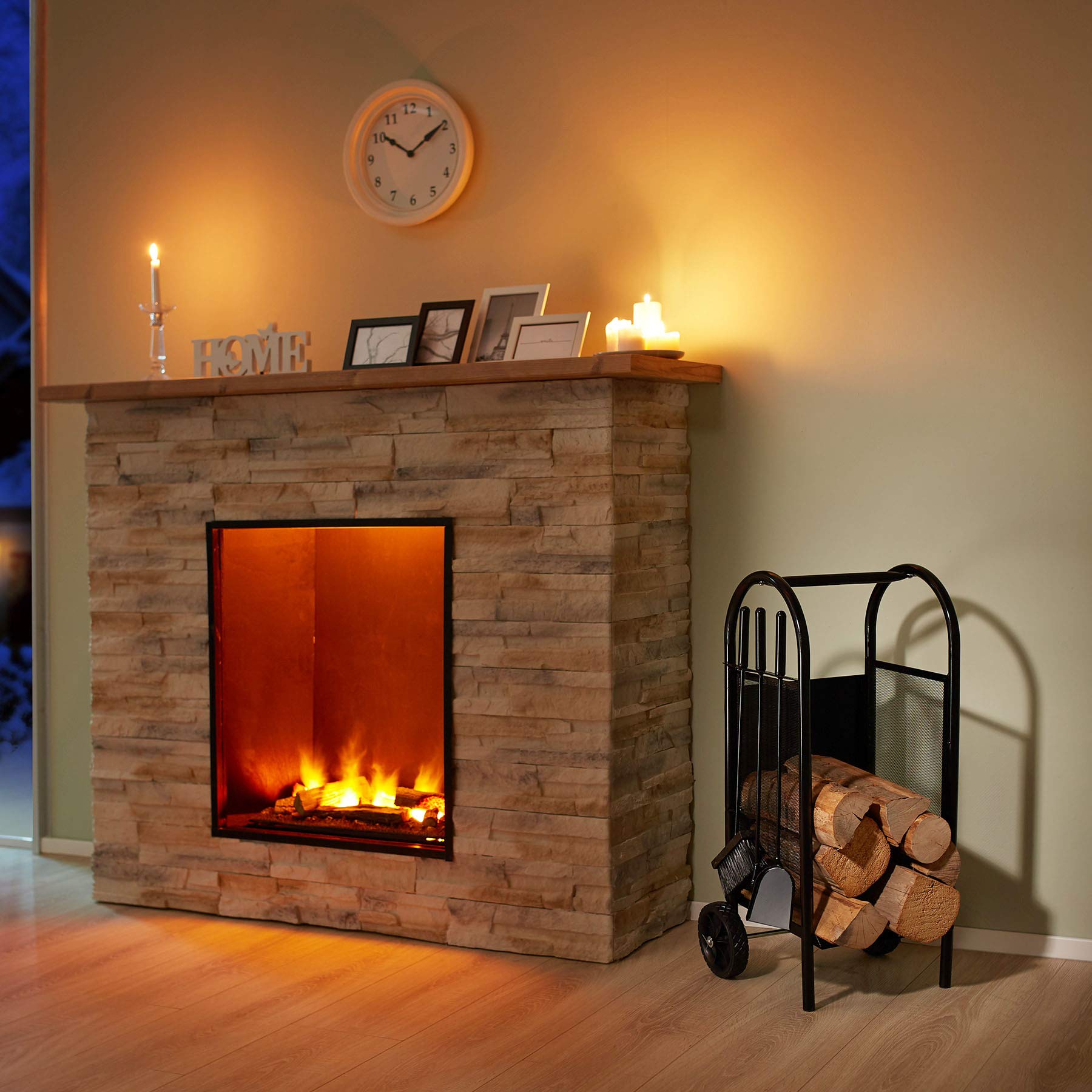 tectake® Carrello Portalegna con Ruote, Portalegna da interno con Struttura Stabile e Griglia, Attrezzi per Camino Inclusi (Paletta, Scopino, Attizzatoio), Design Elegante per Soggiorno - Nero