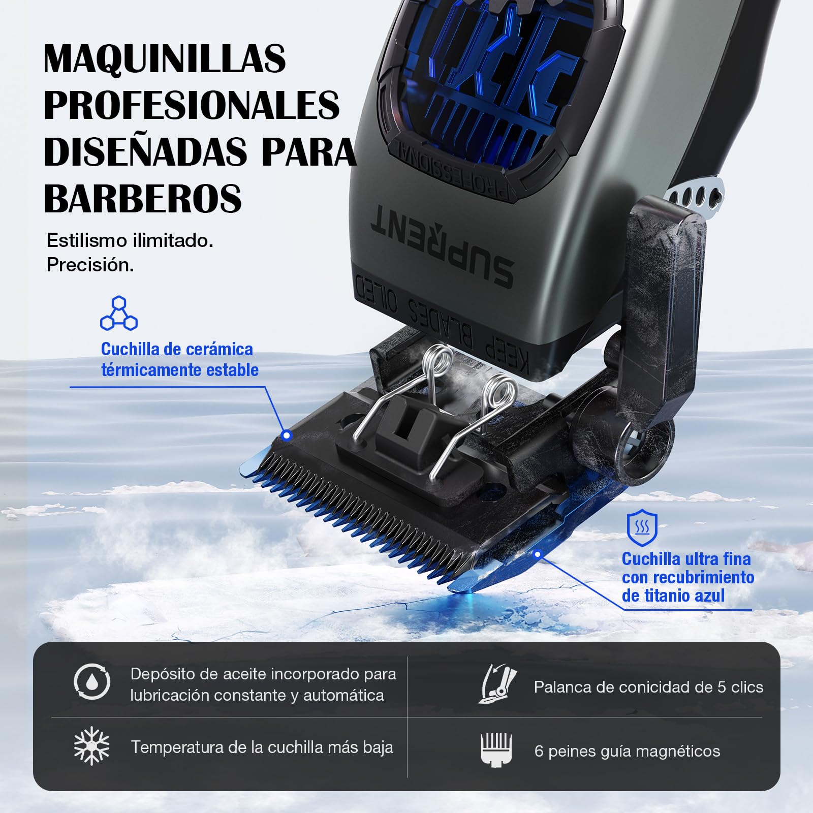 SUPRENT Maquina Cortar Pelo Profesional-Kit de Maquina de Cortar Pelo Hombre Inalámbrico con Cuchilla Fade Recubierta de Titanio, Peines guía Magnéticos, Estación de Carga (Gris)