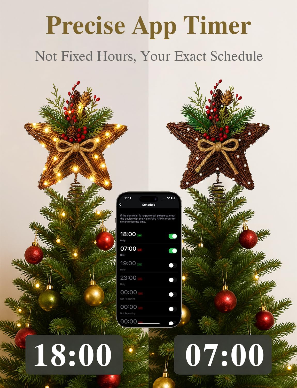 Natural Wooden Christmas Tree Topper Star 10In, Smart Christmas Lights RGB Color Changing 80 Modes, App Controlled Rustic Handmade Wood Craft Ornament for Holiday Home Décor