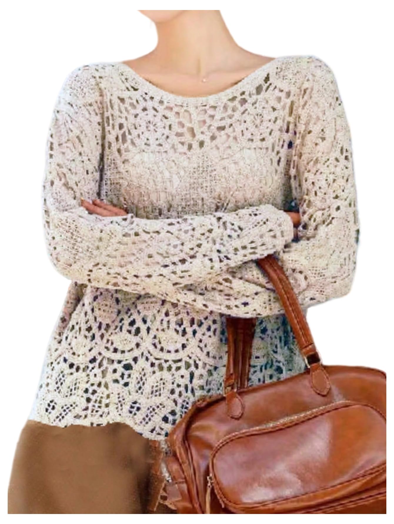 MakeMeChic Womens Fall Crochet Sweater Hollow Out Crew Neck Long Sleeve Knit Pullover Tops