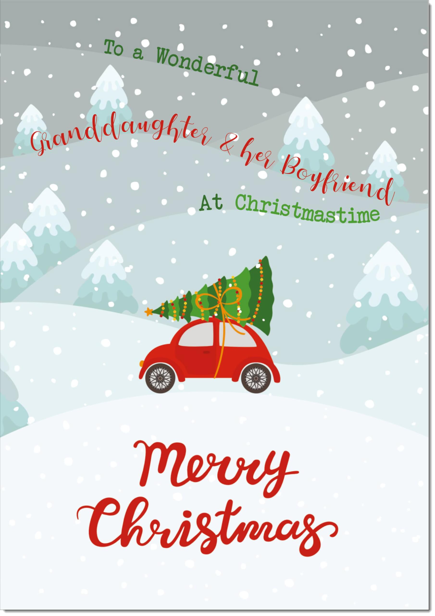 doodlecards Granddaughter and Boyfriend Christmas Card Christmas Tree on Car Large A4 Size Christmas Card for Granddaughter & Boyfriend with Plain Envelope