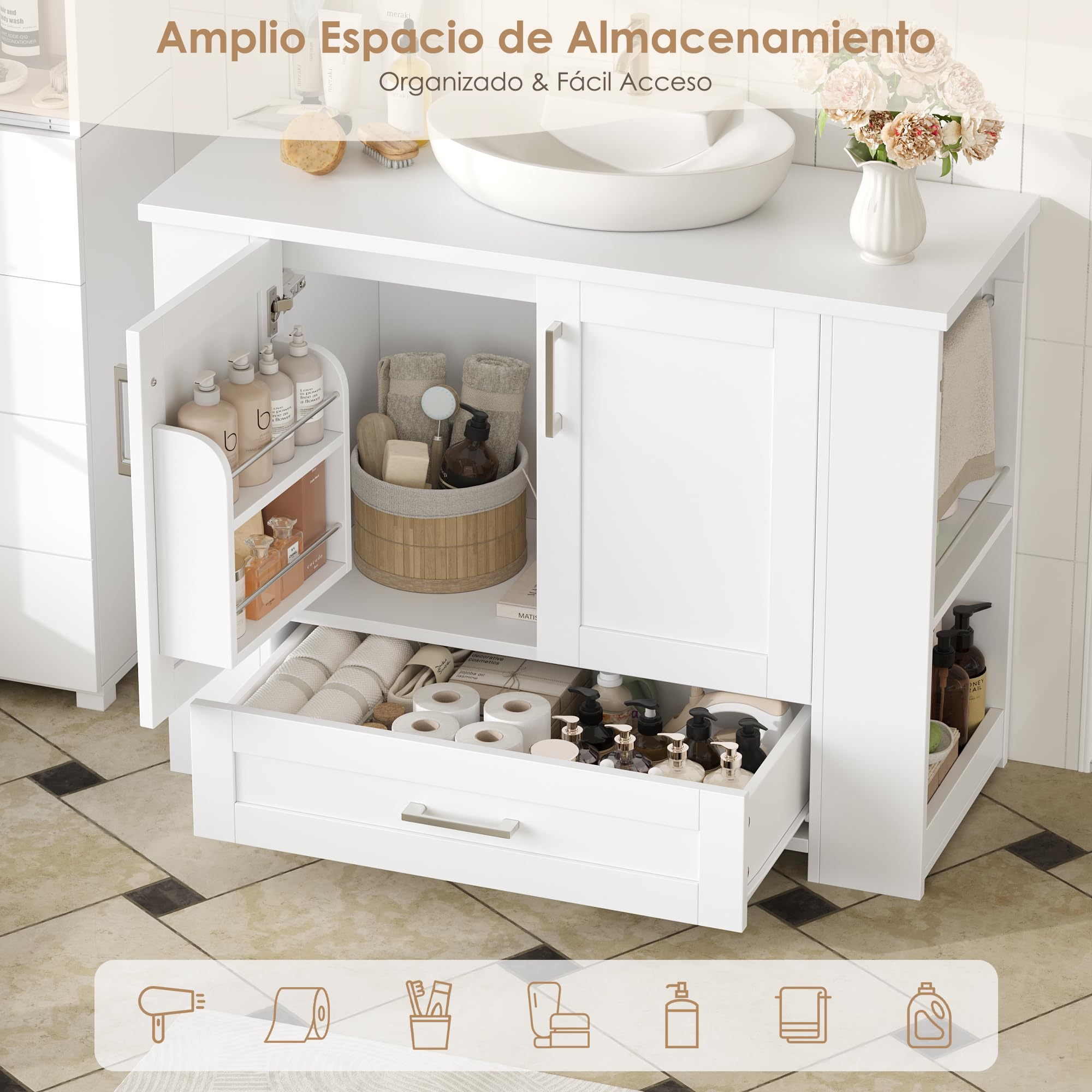 FOREHILL 80cm Mueble Baño Lavabo, Mueble Lavabo con Pie, Blanco | Mueble Baño, con 2 Portarrollos, 2 Puertas, 1 Cajón, 4 Estantes Abiertos, 80x30x63,5cm