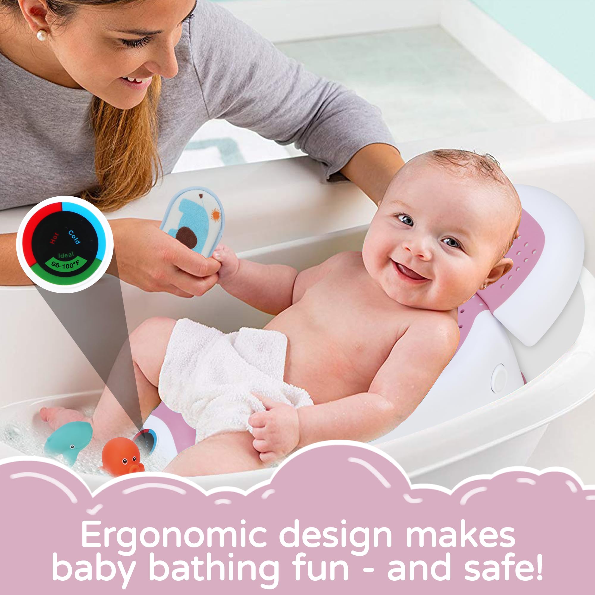 babove Soporte de baño para bebé | Bañera recién nacida, diseñada ergonómicamente con termómetro, bañera plegable para bebé, bañeras de bebé para bañeras de bebé esenciales para recién nacidos (rosa)