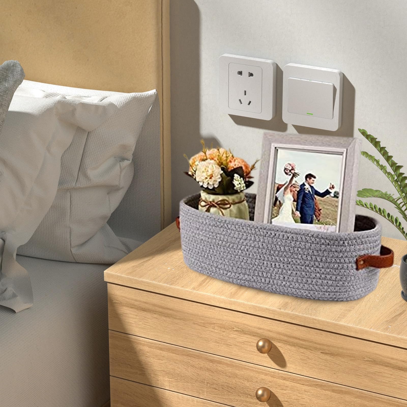 TIANLIN Set di 2 Cestini Portaoggetti Intrecciati in Cotone, 1 Grigio & 1 Kaki 33×15×10 cm, Cestino Portaoggetti con Manici in Pelle per Bagno, Camera, Cucina e Organizer Fasciatoio per Neonati