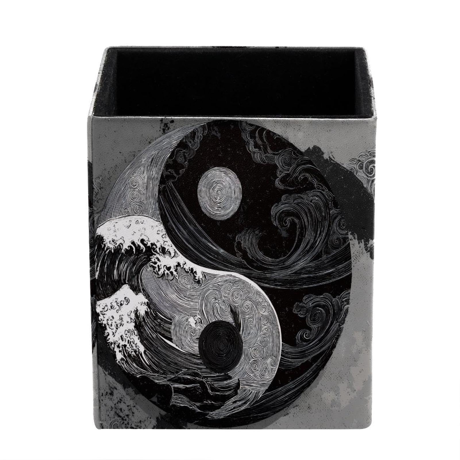 XingFox Black Wave Yin Yang Pen Holder for Desk Deco, Sqaure PVC Leather Pencil Cup for Desk Pen Organizer, Makeup Brush Holder for School, Home, Office