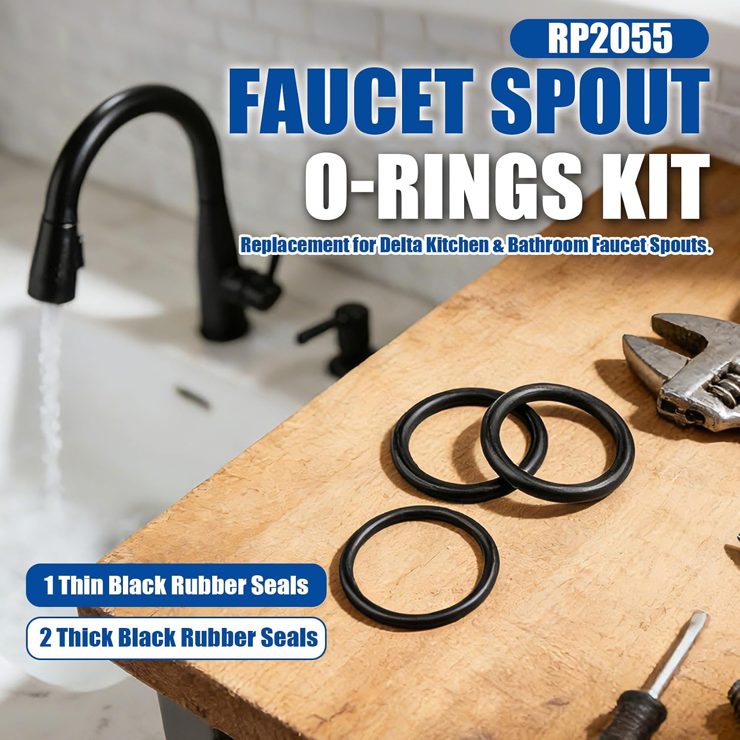 RP2055 Faucet Spout O-Rings Replacement for Delta Kitchen & Bathroom Faucet Spouts,for Delta 2100,2102,2400, 2402,2180,2480 – Includes 1 Thin and 2 Thick Black Rubber Seals