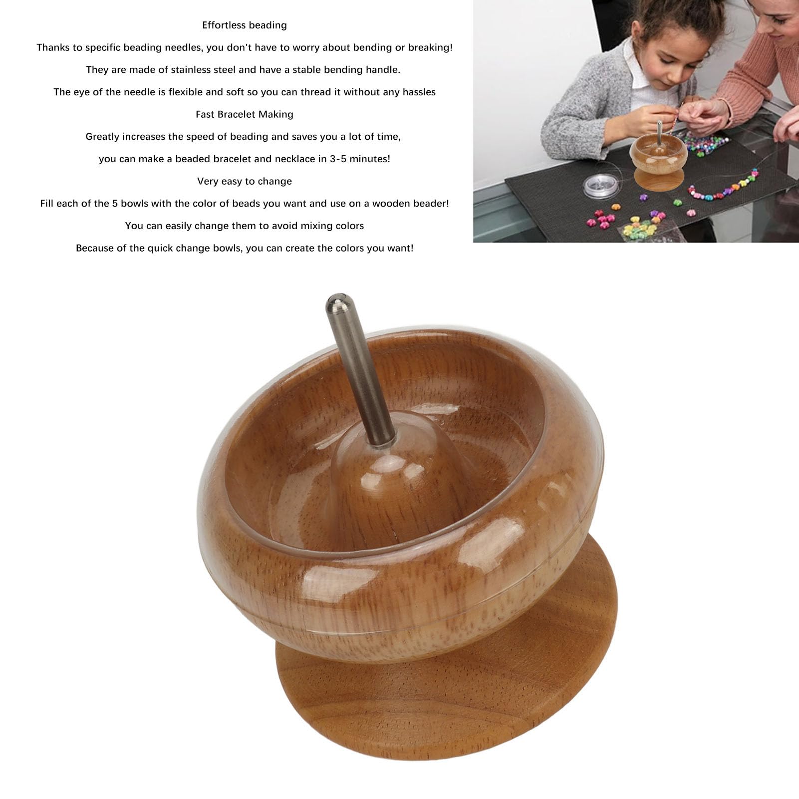 Hilandero de Cuentas Madera Haya con 5 Cuencos y Agujas para Cuentas Ojos Grandes, Suministros para Hacer Pulseras Giratorias para Semillas, Vidrio,Madera Cuentas Arcilla