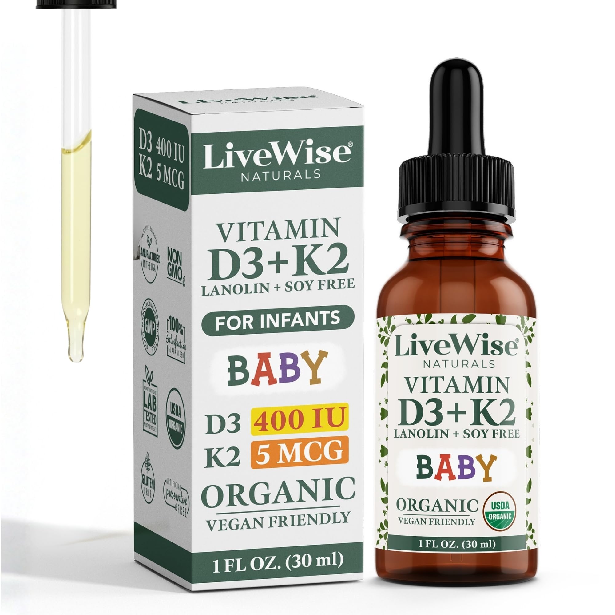 Vitamin D3+K2 Liquid Drops - Organic MCT Oil Formula for Baby - Easy Absorption D3 K2 Supplement for Immune Support & Bone Health 1- Fl Oz