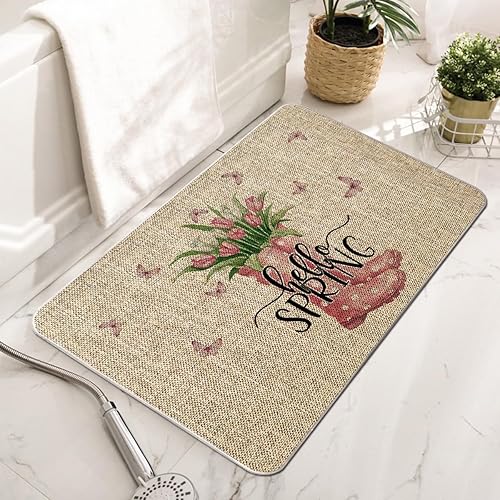 Miniatura 2 de GAGEC Tapete de primavera con diseño de tulipán rosa con diseño de mariposa de Hello Spring, tapete de entrada para casa de campo, decoración de