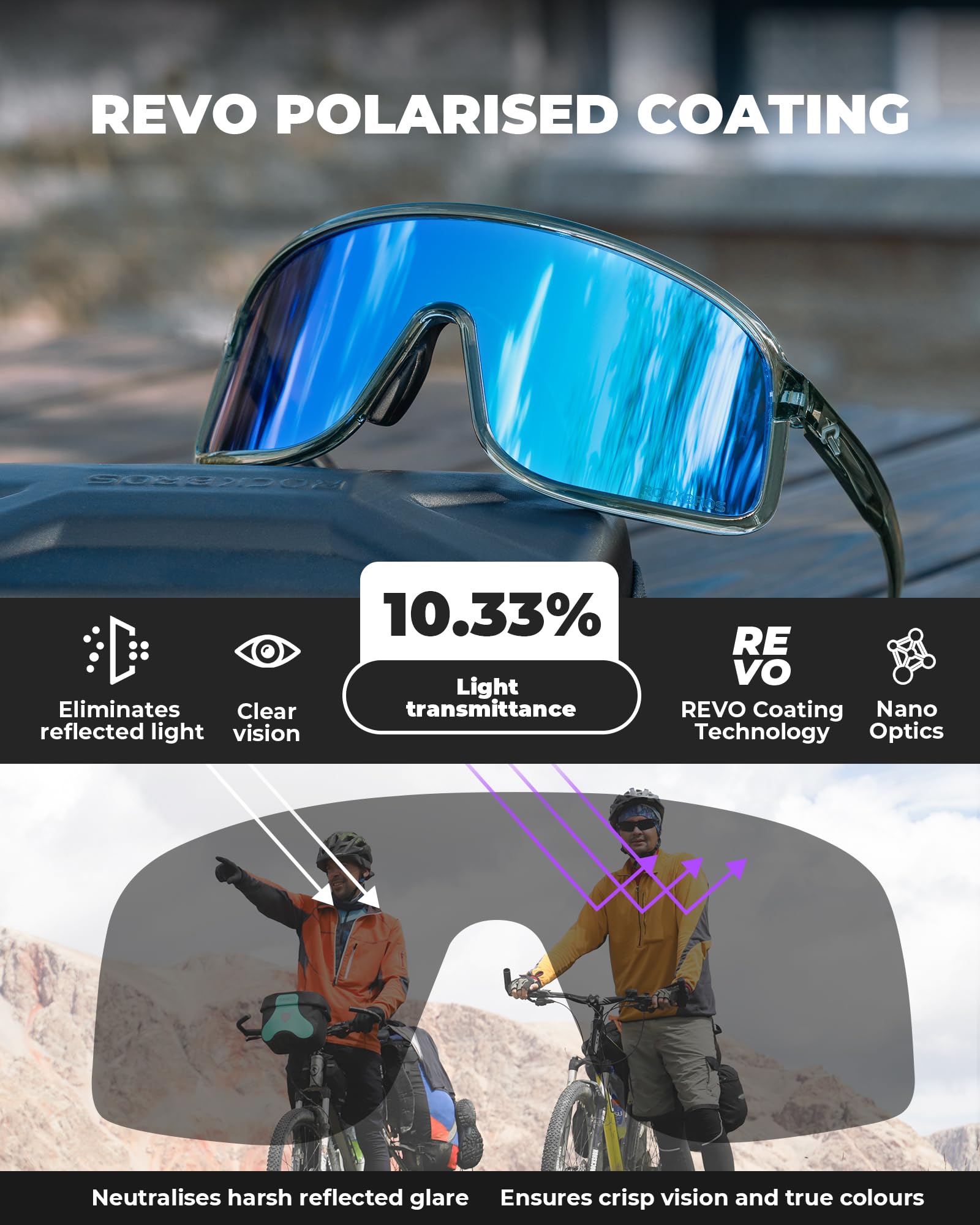 ROCKBROS Polarisierte Fahrradbrille Sonnenbrille, UV400 Schutz, Ultraleicht TR90 Rahmen Sportbrille, Austauschbare Nasenpads Cycling Glasses für Herren Damen Radfahren MTB Laufen - 4