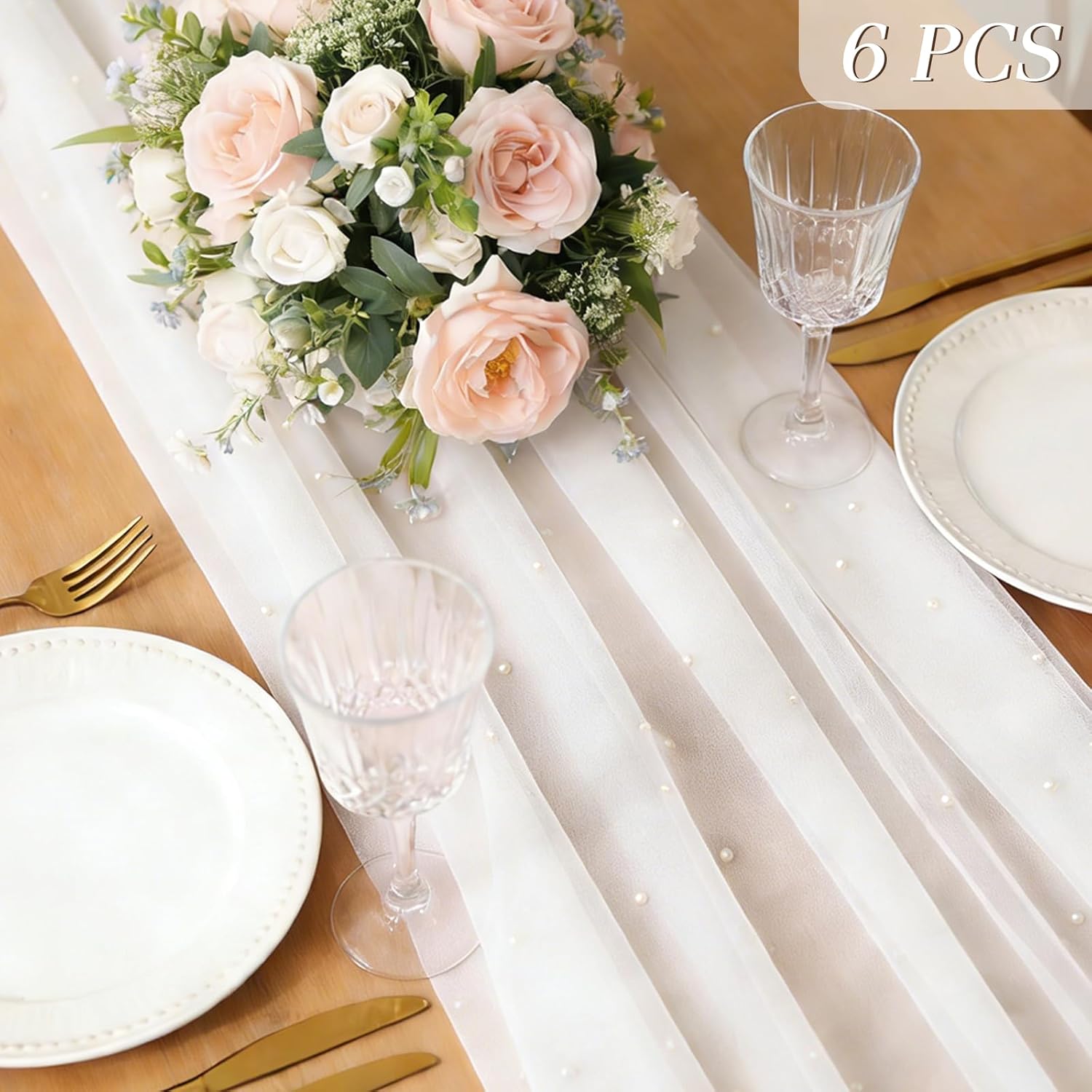 U+U 6PCS White Pearl Gauze Table Runner 120 Inch 10FT, Sheer Table Decor for Wedding Birthday Baby Shower Home Party Holiday Decorations