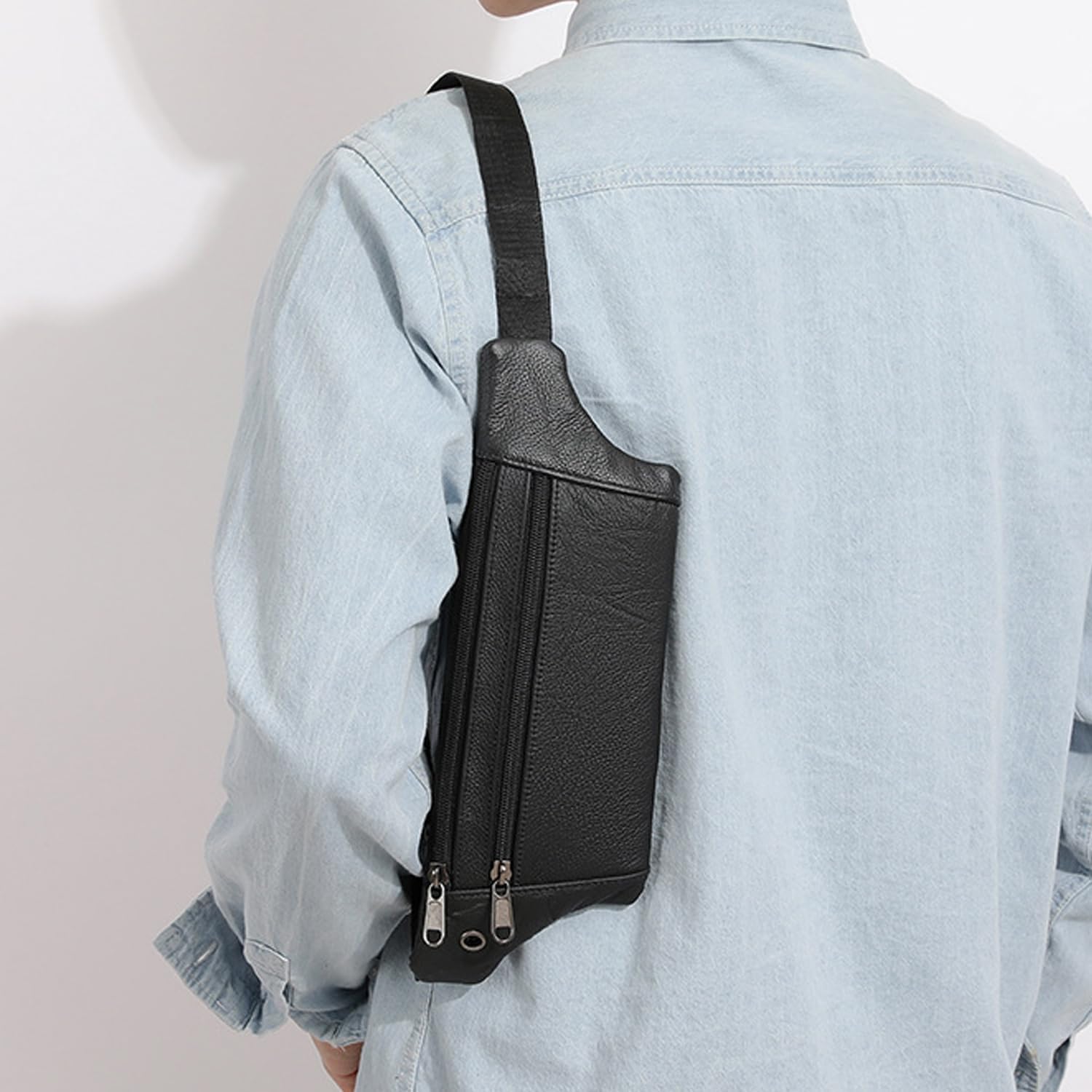 Leather Belt Bag,Black Belt Bag Mens Fanny Pack Crossbody 3-Zipper Pockets Phone Bag Fits All Phones Wallet Keys, Casual Hands-Free Waist Pack For Travel Workout Running Gifts - Image 7